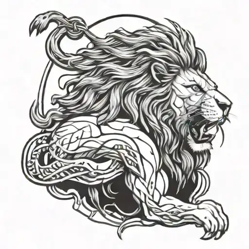 Tribute to deceased friends with a half lion, half human figure breaking free from chains tattoo design idea