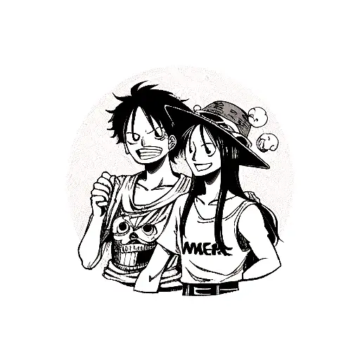 luffy de one piece sentado sobre un cobre con las manos hacia el cielo agarrando el sombrero de ace y sabo sus hermanos tattoo design idea