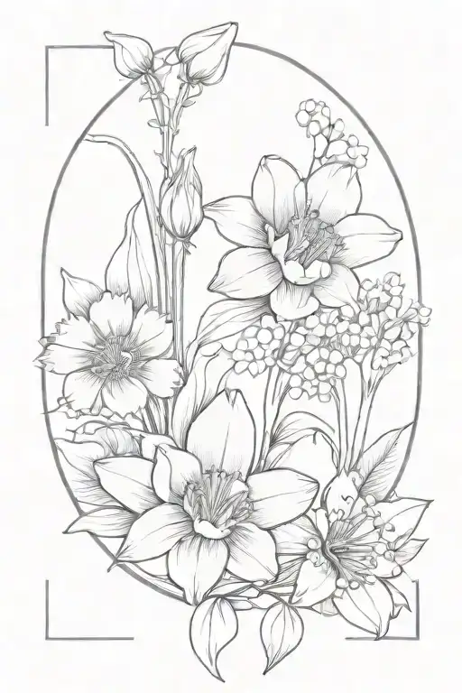Fibonacci sequence with tiny daffodil, daisy, lily of the valley, rose, and aster around it tattoo design idea