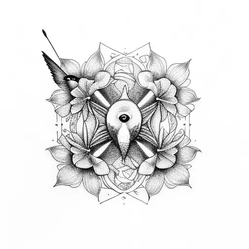 kintsugi hummingbird in Fibonacci spiral flowers  tattoo design idea