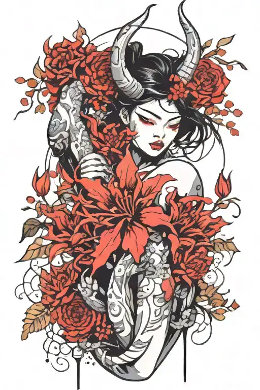 Tattoo on the forearm where flowers and a Japanese demon are combined, feminine but at the same time daring tattoo design idea