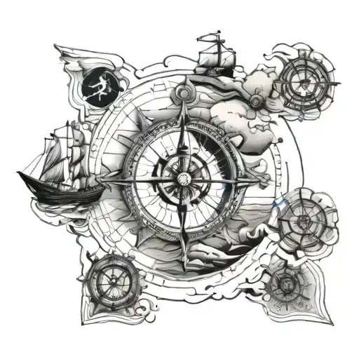 ship compass map waves tattoo design idea