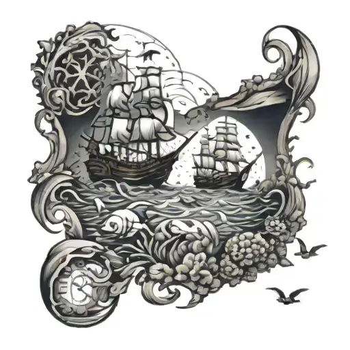 An underwater scene with a mysterious shipwreck and sea creatures tattoo design idea