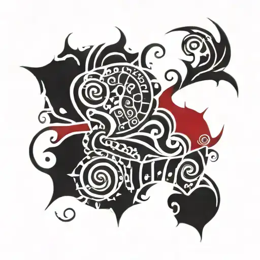 Red and black with marine life symbols Wales and Monterey  tattoo design idea