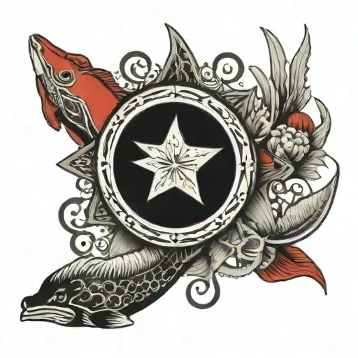 Red and black with marine life symbols Wales and Monterey  tattoo design idea