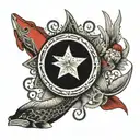 Red and black with marine life symbols Wales and Monterey  tattoo design idea