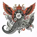 Red and black with marine life symbols Wales and Monterey  tattoo design idea