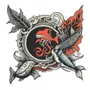 Red and black with marine life symbols Wales and Monterey  tattoo design idea