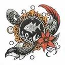 Red and black with marine life symbols Wales and Monterey  tattoo design idea