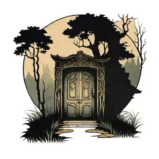 Big door slightly open, buy standing infront of the door, Forest background  tattoo design idea
