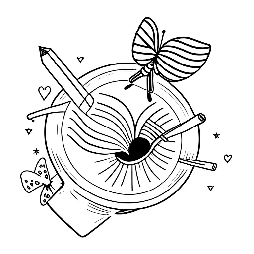 book with chipped teacup, a dagger, a tree, a pair of headphones, a crow, a butterfly tattoo design idea