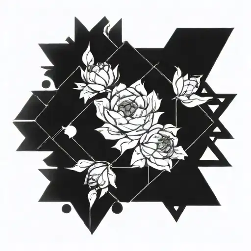 A geometric design combining peonies, arrows, and lunar elements to represent the manager's journey towards inner peace and stability tattoo design idea