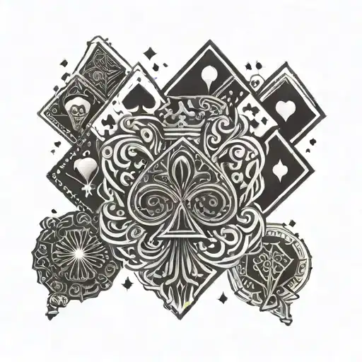 A geometric pattern incorporating poker symbols like hearts, spades, diamonds, and clubs tattoo design idea