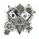 A geometric pattern incorporating poker symbols like hearts, spades, diamonds, and clubs tattoo design idea