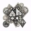 A geometric pattern incorporating poker symbols like hearts, spades, diamonds, and clubs tattoo design idea