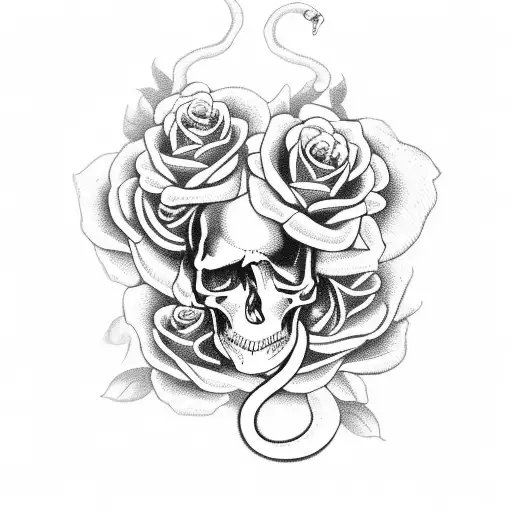 snake with skulls and roses  tattoo design idea