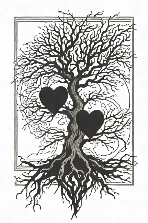 a tree in a 2d  black box, with its branches forming a heart in the middle. simple design.  tattoo design idea