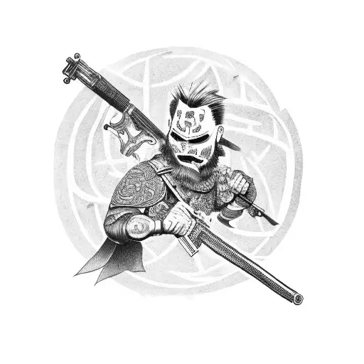 A fierce warrior holding a gun with smoke coming out of the barrel tattoo design idea