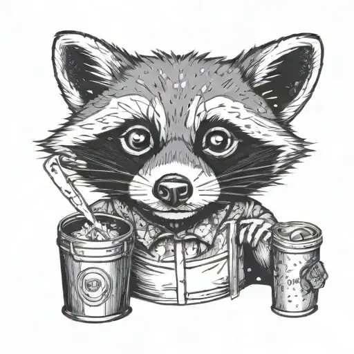 A stylized raccoon with trash can lids as eyes and a tail made of garbage bags tattoo design idea