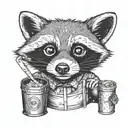 A stylized raccoon with trash can lids as eyes and a tail made of garbage bags tattoo design idea