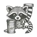 A stylized raccoon with trash can lids as eyes and a tail made of garbage bags tattoo design idea