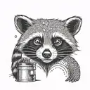 A stylized raccoon with trash can lids as eyes and a tail made of garbage bags tattoo design idea