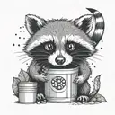 A stylized raccoon with trash can lids as eyes and a tail made of garbage bags tattoo design idea