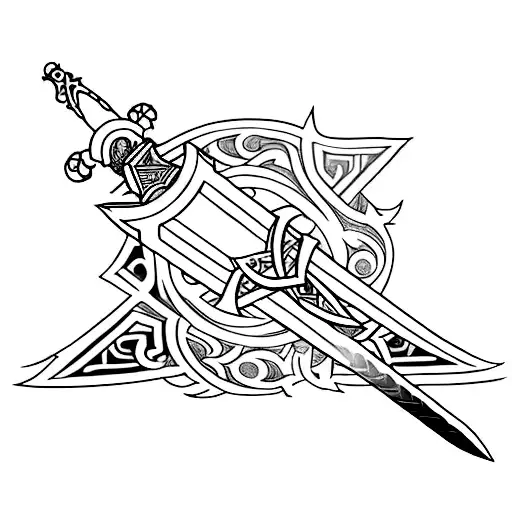 A minimalist tattoo of a sword from a fantasy game wrapped in an anime-inspired ribbon tattoo design idea