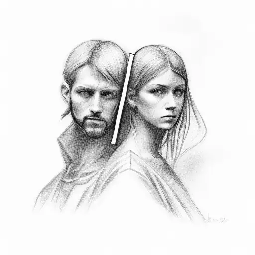 A black and grey portrait of two angles looking over the cross tattoo design idea