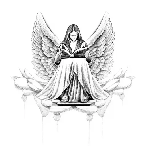 A black and grey portrait of a guardian angel reading a bible tattoo design idea