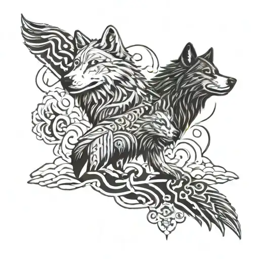 A wolf, bear, and eagle intertwined in a totem pole design tattoo design idea