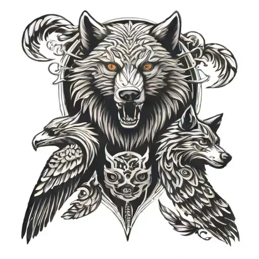 A wolf, bear, and eagle intertwined in a totem pole design tattoo design idea