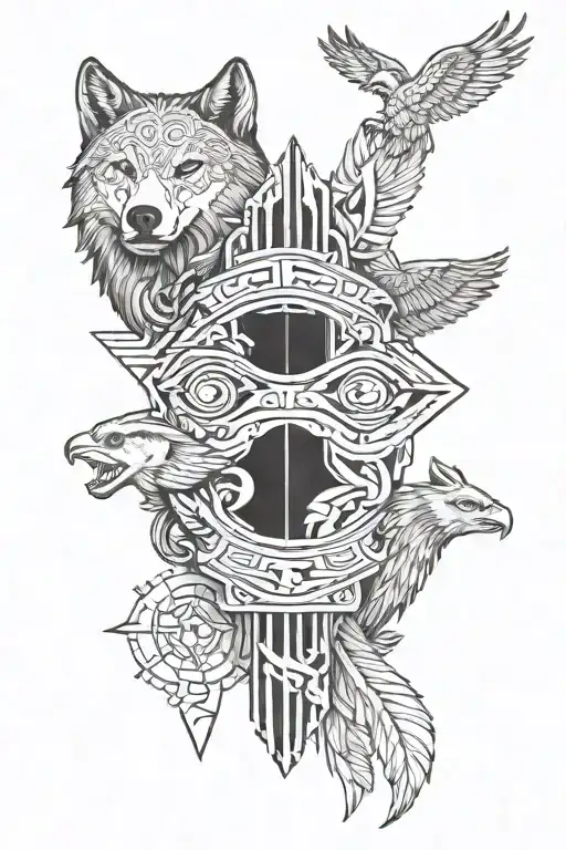 A wolf, bear, and eagle intertwined in a totem pole design tattoo design idea
