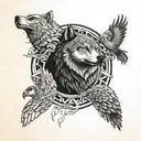 A wolf, bear, and eagle intertwined in a totem pole design tattoo design idea