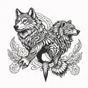 A wolf, bear, and eagle intertwined in a totem pole design tattoo design idea