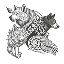 A wolf, bear, and eagle intertwined in a totem pole design tattoo design idea