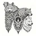 A wolf, bear, and eagle intertwined in a totem pole design tattoo design idea