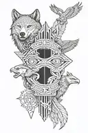 A wolf, bear, and eagle intertwined in a totem pole design tattoo design idea