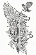 A wolf, bear, and eagle intertwined in a totem pole design tattoo design idea