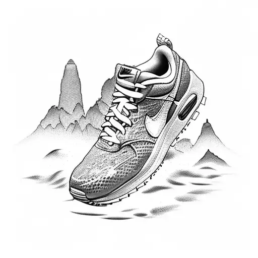 A pair of Nike sneakers with a mountain landscape inside the shoe tattoo design idea