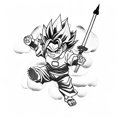 A dynamic composition featuring baby son Goku riding on Shen Long's back tattoo design idea