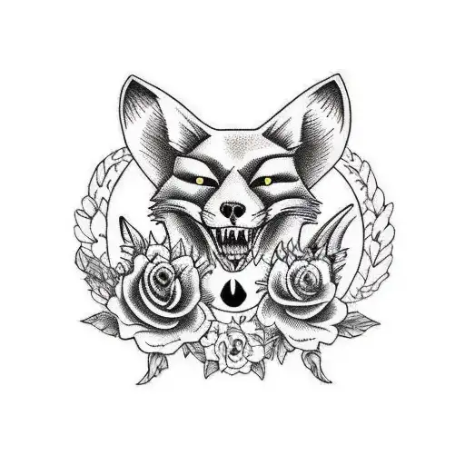 Fox and skull and bat and flowers sleeve tattoo design idea