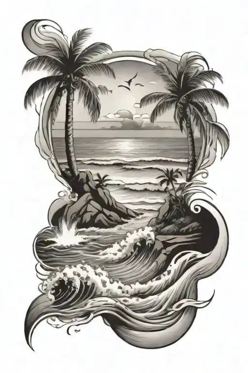 A tattoo design of a beach oasis with waves crashing against the shore, representing your love for the ocean and relaxation tattoo design idea