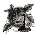 A dotwork tattoo of a balanced scale (Terazi burcu) with elements of ancient Greek mythology intertwined within the design tattoo design idea