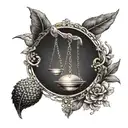 A dotwork tattoo of a balanced scale (Terazi burcu) with elements of ancient Greek mythology intertwined within the design tattoo design idea