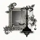 A dotwork tattoo of a balanced scale (Terazi burcu) with elements of ancient Greek mythology intertwined within the design tattoo design idea