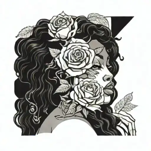black woman goddess holding a rose surrounded by cheetah print tattoo design idea