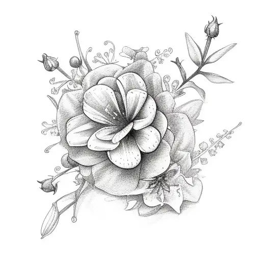flower bundle with rose violet daisy lily of the valley and holly tattoo design idea