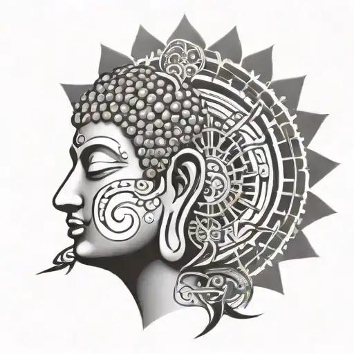 buddha head and dharma wheel intertwined tattoo design idea