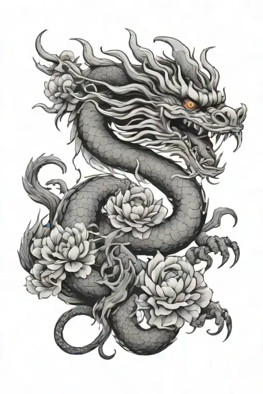 china dragon and flowers tattoo design idea